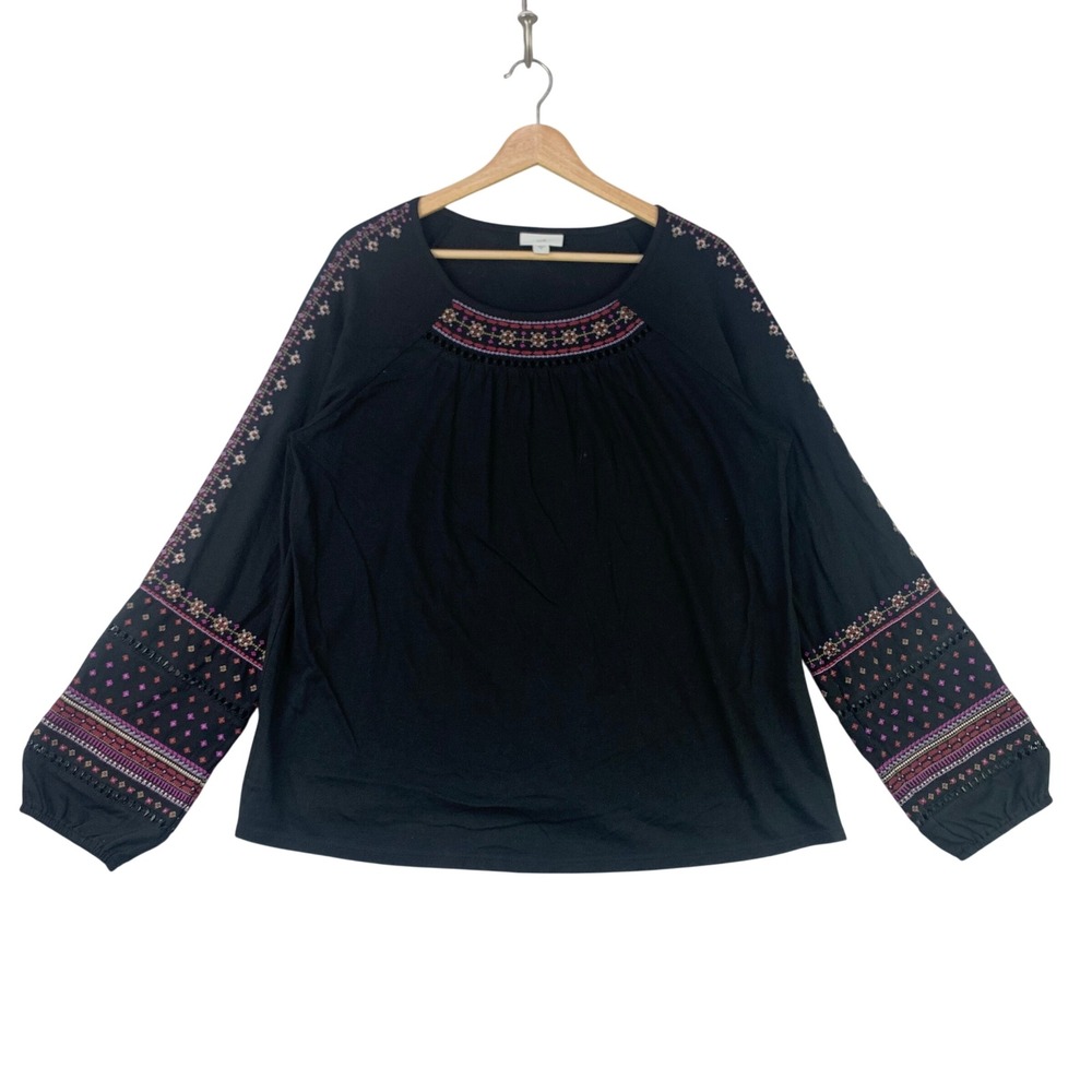 J.Jill Blouse Women Medium Black Embroidered Boho Long Sleeve Cotton Modal Top